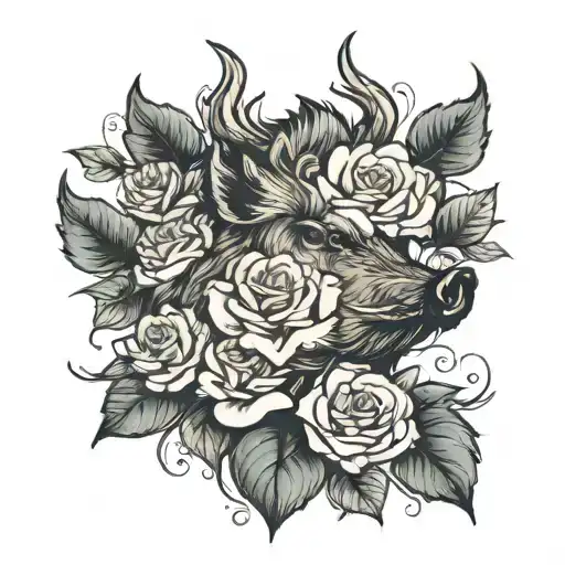 Wild Boar Head And Roses