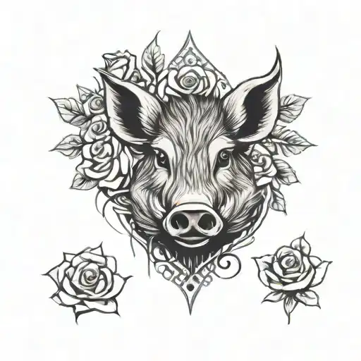 Wild Boar Head And Roses