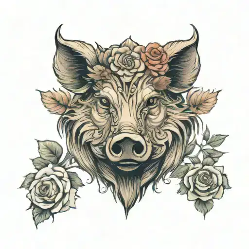 Wild Boar Head With Tuss And Roses