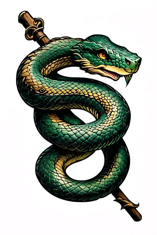 Bronze Snake Around A Wood Staff