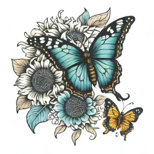 Butterfly And A May Flower And Sunflower