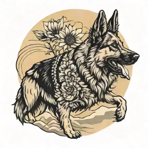 A Majestic German Shepherd Standing On A Mountain Peak With A Sunflower In Its Mouth