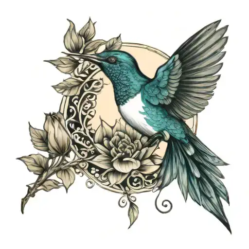 Hummingbird With Moon Lotus Flower Peacock Feather Tree Of Life