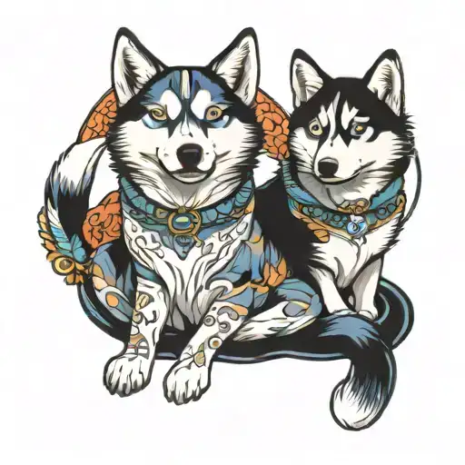 Husky And Cat Sitting