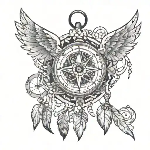 Compass With Wings And A Dream Catcher Entangled