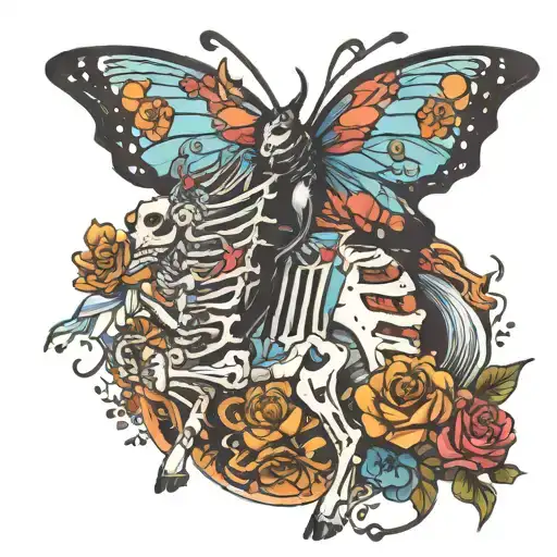 Butterfly Riding Unicorn Skeleton Chained