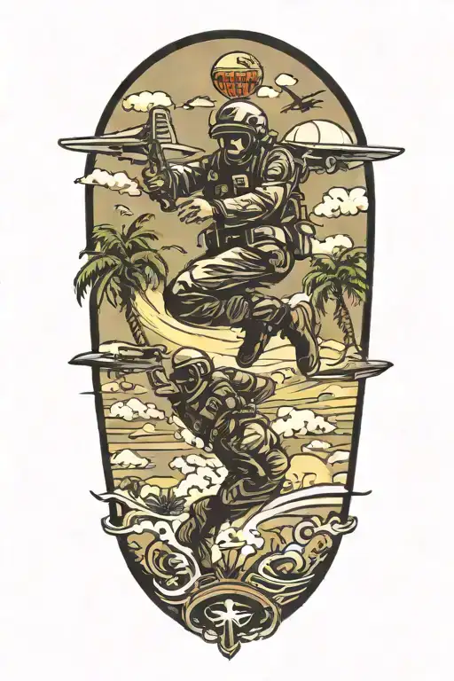 Us Paratrooper Jumping Out Of A Plane Over Palm Trees And Waves