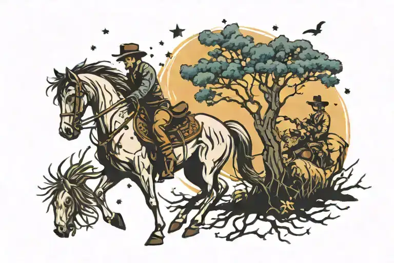 Cowboy And Horse Under A Tree With Roots And Starry Night