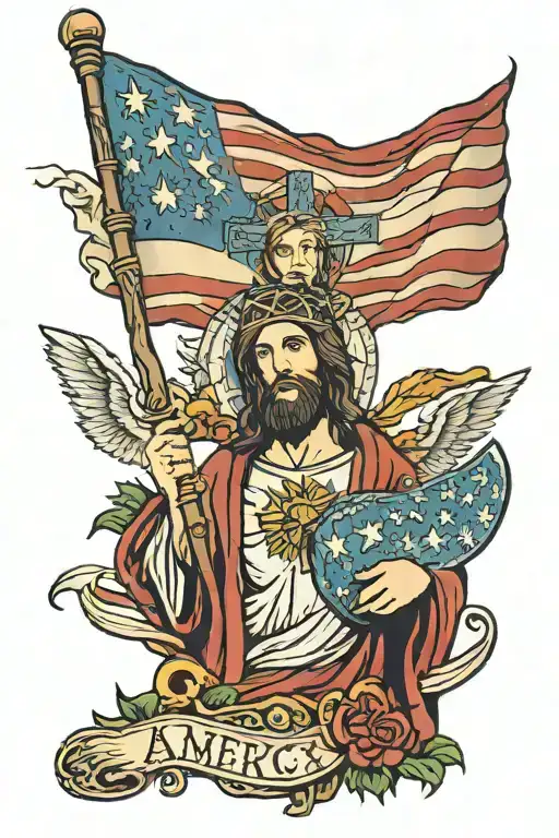 America Flag And Jesus Holding