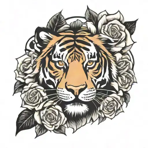 Tiger With Roses Black And White
