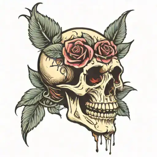 American Traditional Skull Bleeding From Eyes With Dead Roses
