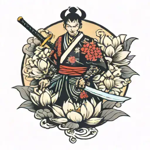 Japanese Style With Samurai And Lotus Flower