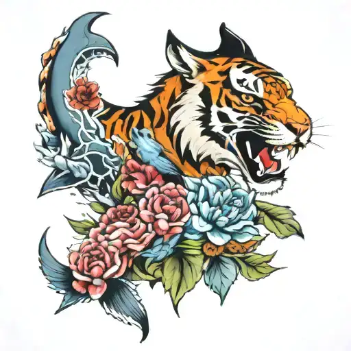 Tiger Eagle And Shark Along With Some Flowers