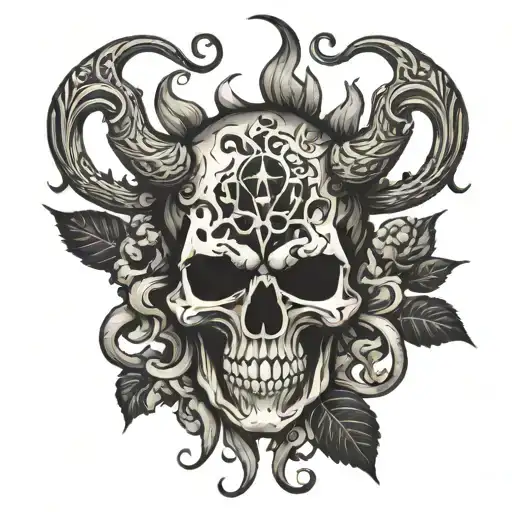 Hell Satan Blackwork Skull Surrounded