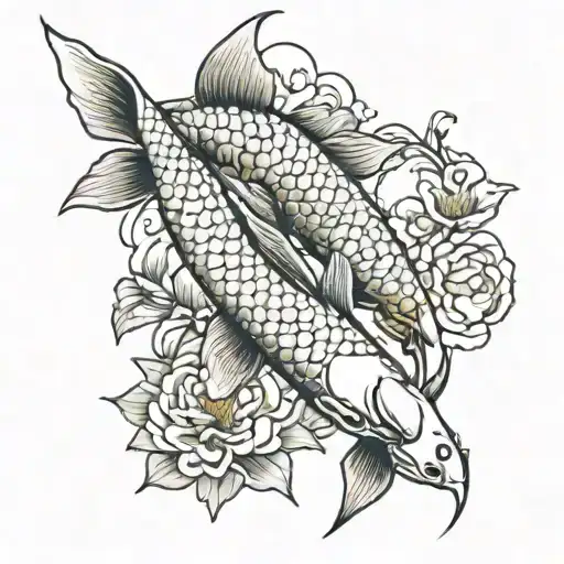 5 Koi Fish With Flowers Wrapping Dragon Flying