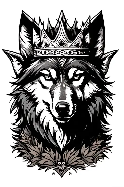 Tribal Wolf With Crown On His Head Behind Woods Surrounded