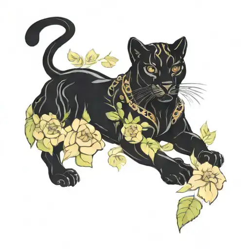 Full Body Black Panther With Flowers Surrounding Them