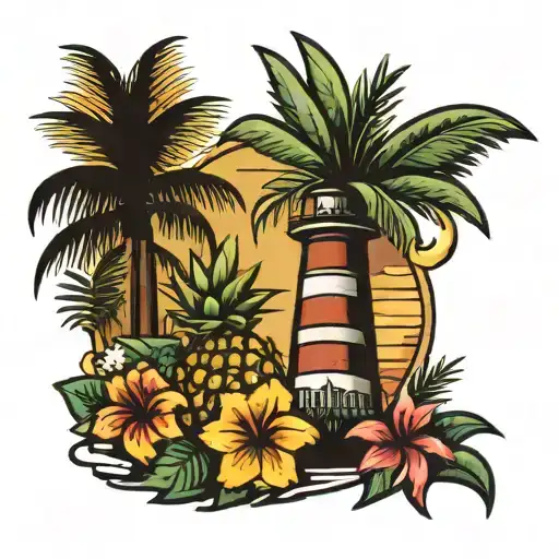 Pineapple Surrounded By Hawaiian Flowers In A Beach Scene With A Palm Tree And Light House