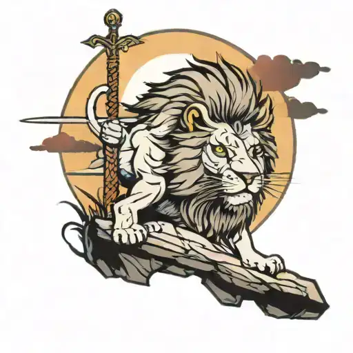 A Lion With A Sword In His Mouth Stands On A Rock With His Pride And Sunset In The Background