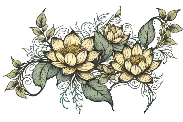 One Lotus And Olive Branches Stretching Towards