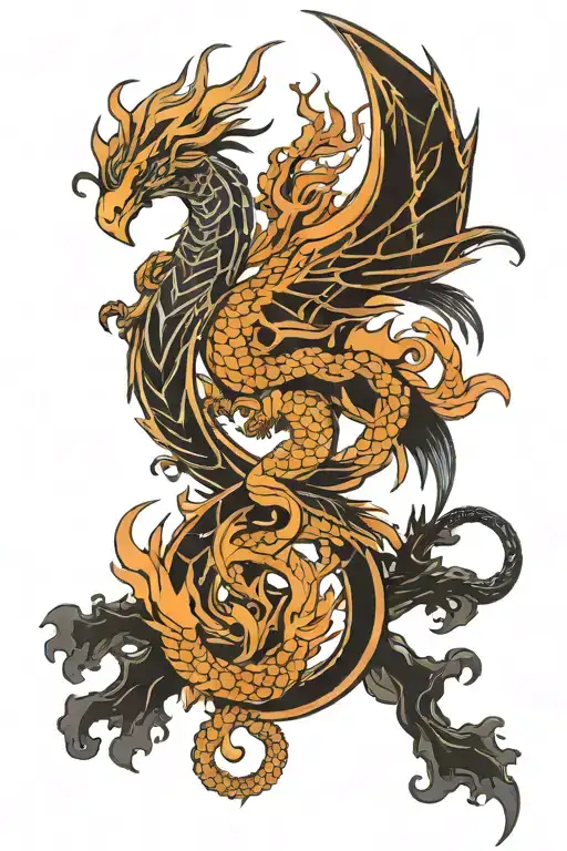 Phoenix And Dragon And Tree Intertwined