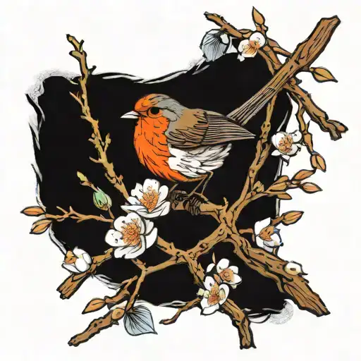 Almond Blossom Branch And Robin Bird
