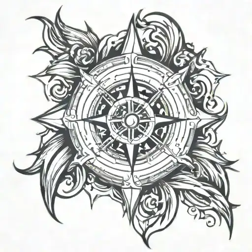 Compass Rose Tattoo Featuring Spartan Helmet Engulfed In Flames