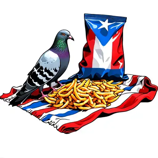 Pigeons Eating A Bag Of Cheetos On A Beach Towel With The Puerto Rican Flag On It