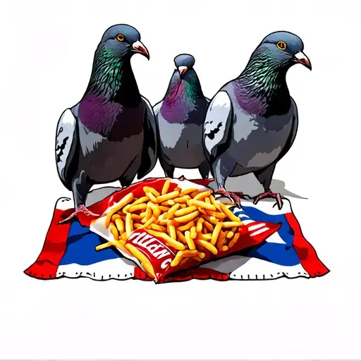 Pigeons Eating A Bag Of Cheetos On A Beach Towel With The Puerto Rican Flag On It