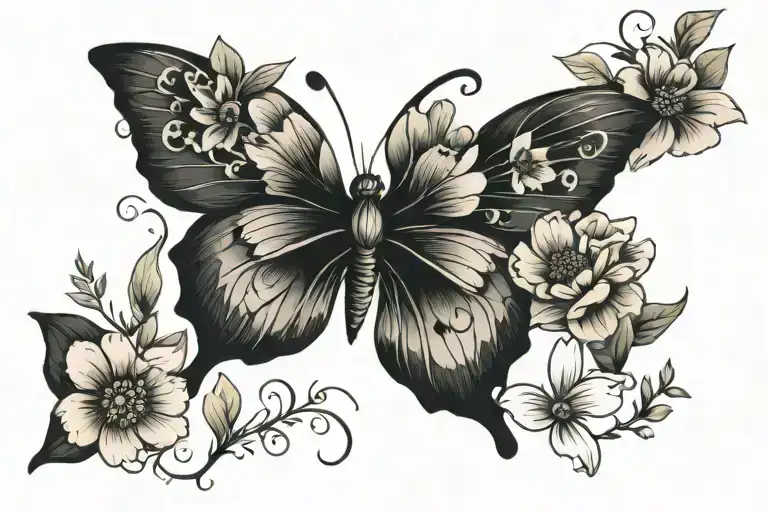 Butterfly And Flower Large Black Leaves