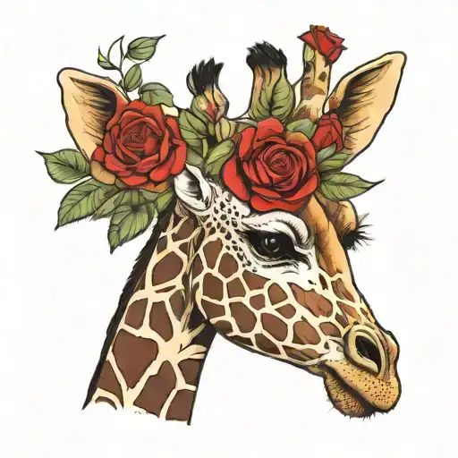 Giraffe Holding A Rose Intertwined