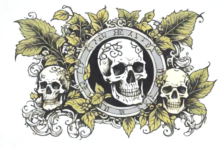 Roman Numerals With 3 Pillars And Poison Ivy With A Skull On The Hand