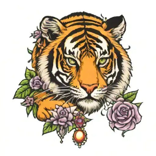 Tiger With Lavendar Flowers With Fleur De Lis And Mardi Gras Beads