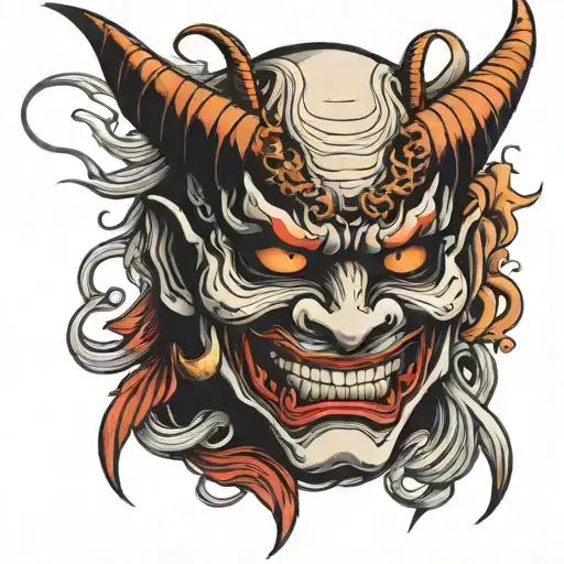Two Hannya Mask Connected By A Dragon