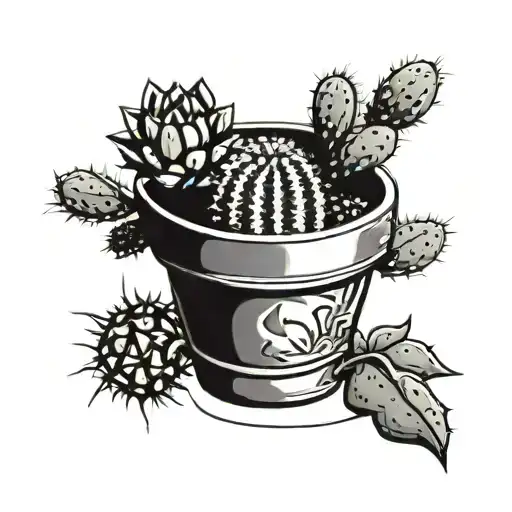 Cactus In A Decorated Pot Black And Grey