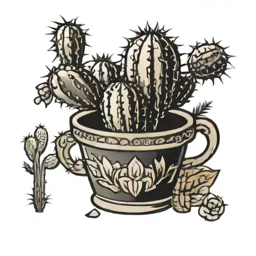 Cactus In A Decorated Pot Black And Grey