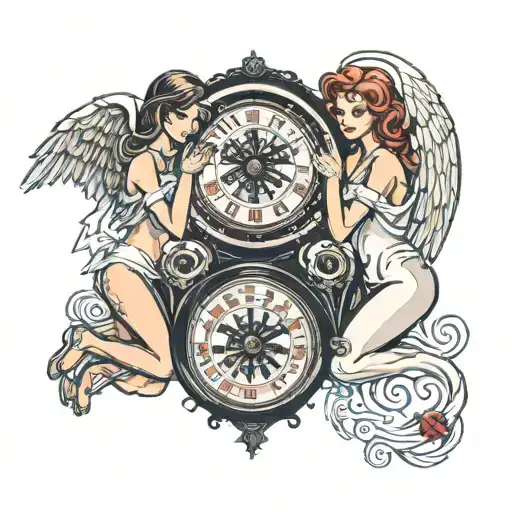Two Girl Angels Looking Back Over A Roulette Wheel Inside A Clock