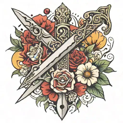 Sword Piercing Fire And Red Flowers With Ansley And Opal On The Blade