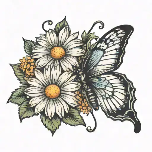 Daisy Flower No Stem With Butterfly