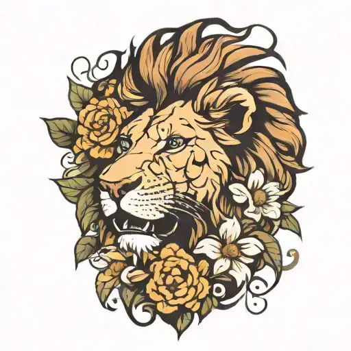 Lion Roaring With Lioness And Her Cub And Flowers Of