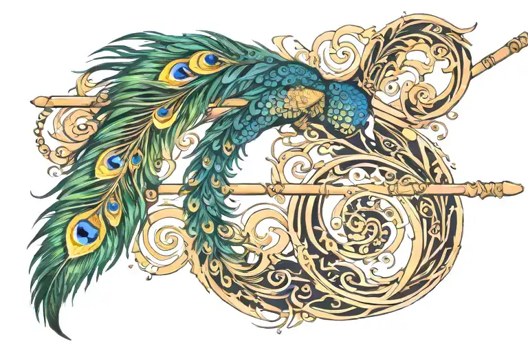 Peacock Feather And A Flute Inter Twined In A Creative Way Making Letter S