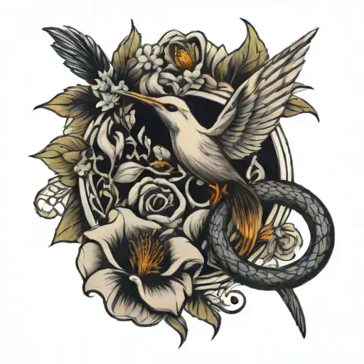 Mockingjay And Snake With Flowers