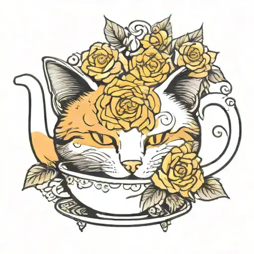 Cat Sleeping Near A Teapot With Yellow Roses Intertwined