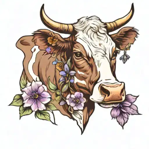 Cow With Violet Flowers Blooming
