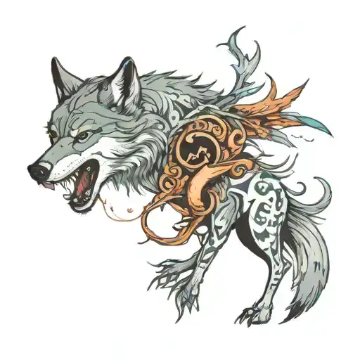 Wolf With Fish In Mouth And Deer Behind It