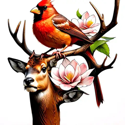 Tattoo Of A Cardinal Perched On Deer Antlers With A Magnolia Blossom