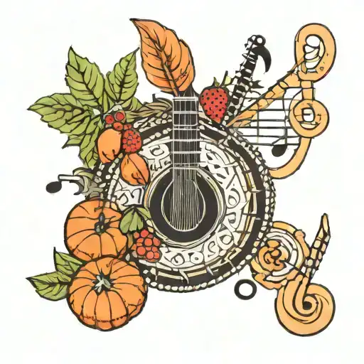 A Tattoo Design Combining A Crocheted Food Item With Musical Notes And A Nature Element