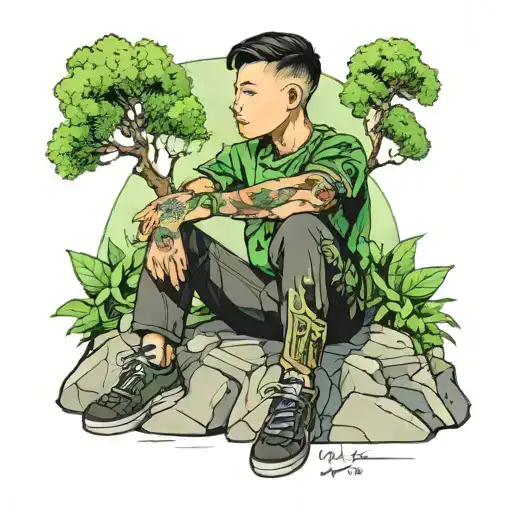 A Boy Sitting On Mountain With Greenary