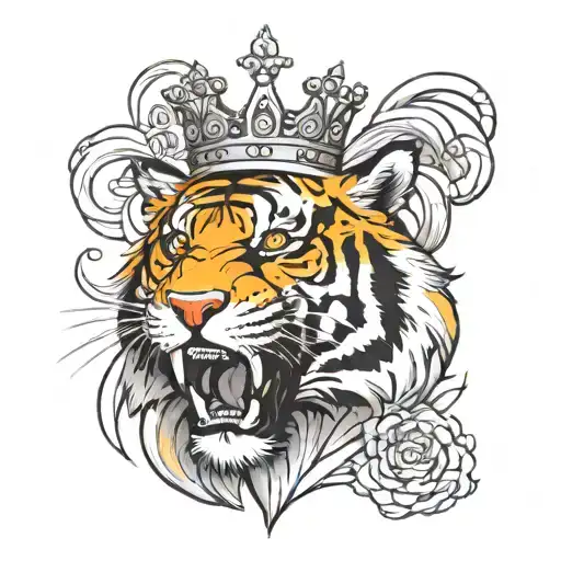 Roaring Tiger With Crown Surrounded
