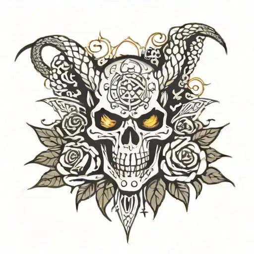 Demon Skull Fire Surrounding Snake Roses Pentagram